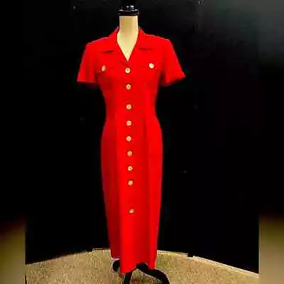 Vintage 1980’s Bright Red Cynthia Howie 100% Silk Button Down Dress Size 6 • $25