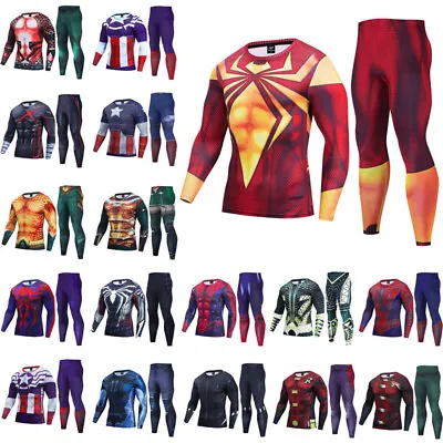 Spiderman Captain America 3D T-Shirts Leggings Superhero Mens Quick Dry Gym Set • $34.10