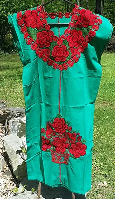 Maya Mexican Dress Embroidered Flowers Chiapas Puebla Teal Green Large #RI • $34.90