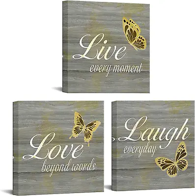 £53.14 • Buy 3 Piece Live Love Laugh Wall Art Decor Inspirational Quote With Butterfly Canvas