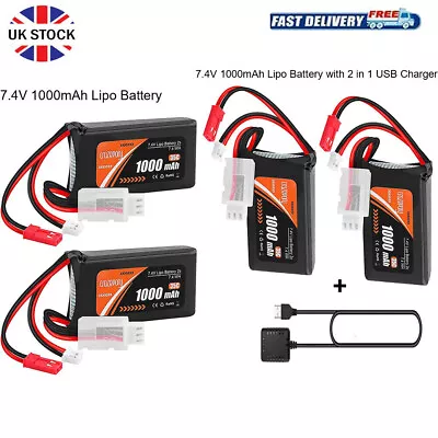 7.4V Lipo Battery 1000mAh PH2.0 & JST Plug With Charger For WLToys Axial SCX24 • £17.99