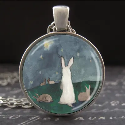 Star Gazing Rabbit Necklace Watercolor Bunny Astronomy Jewelry Silver Pendant • $25