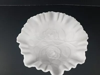 Milk Glass Footed Bowl Ruffled Edge Rose Pattern Imperial Glass • $12.99