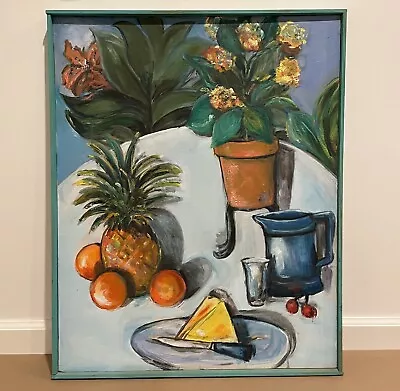 Vintage Oil Painting On Canvas Still Life Flowers And Cheese Framed 24.75x30.75” • $250