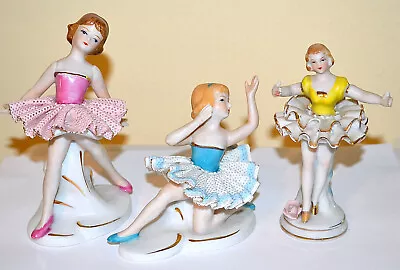 3 Vintage Mid Century Dancing Ballerina Girl Figurines Lacy Porcelain Skirts • $19.99