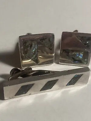 Sterling Silver Square Abalone Shell Inlay Cufflinks -Tie Bar  Taxco Mexico • $35