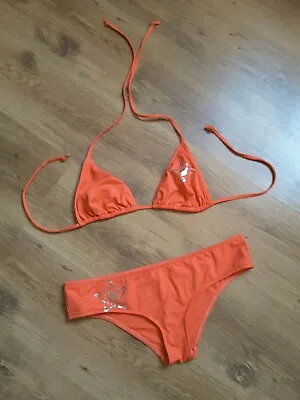 CALZEDONIA CORAL ORANGE BIKINI WITH SILVER STAR Size L Or 12/14 • £22