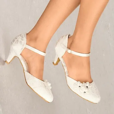 Womens Ivory Lace Petal Low Kitten Heel Full Toe Strappy Bridal Wedding Shoes • £21.99