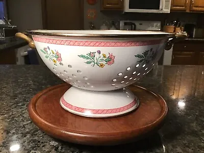 Vintage Enamel Metal Colander Strainer Brass Handles Pink Carnations 9.5” X 5” • $24.90