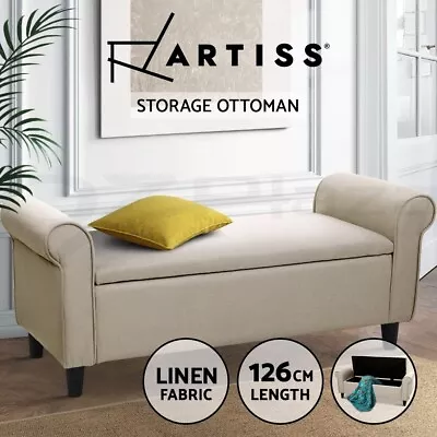 Artiss Storage Ottoman Blanket Box Bench 125cm Linen Arm Chest Foot Stool Taupe • $135.95