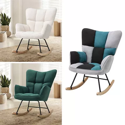 Linen Fabric Rocking Armchair Lounge Relaxing Chair With Wooden Curved Legs • £119.95