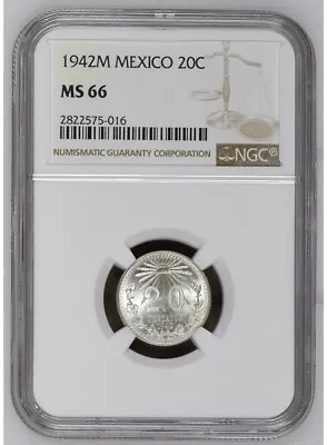 Mexico ✮ 1942 ✮ 20 Centavos ✮ NGC MS 66 ✮ Frosty & Lustrous ✮ Registry Coin ✮ • $55