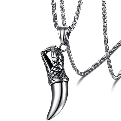 Men's Stainless Steel Tribal Wolf Tooth Biker Pendant Necklace • $16.20