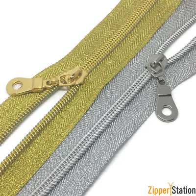 Metallic Continuous Nylon Coil Zipper No 5 Weight - Metallic Gold And Silver Zip • $5.47