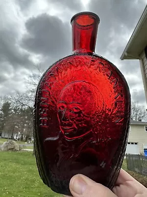 Vintage Wheaton 7.5   Ruby Red Ben Benjamin Franklin Glass Bottle Decanter MINT • $22