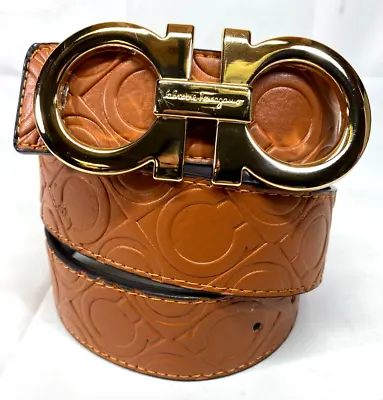 Salvatore Ferragamo SP-67 L/Brown & D/Brown Leather Belt W/Gold Buckle 44/110 • $229.99