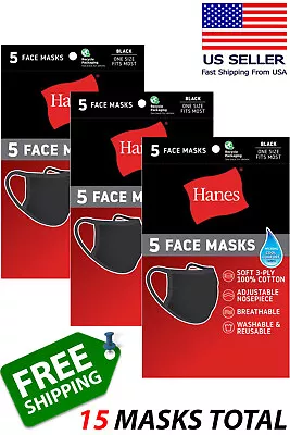 Hanes 100% Cotton Fabric Reusable Face Mask Washable Comfortable 15 Masks BLACK • $9.99