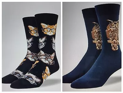 Novelty Men's Dress Socks Cat And Owl Pattern Men's Cotton Crew Socks 2 Pair • $6.99