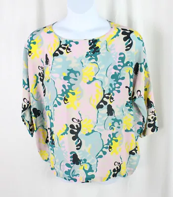 Missoni Yellow Blue Multi Print 100% Silk Round Neck 3/4 Sleeve Top Size Large • $89