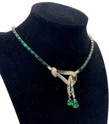 Mazer Signed Antique Necklace Stunner Art Deco Early Jomaz Green Emerald Crystal • $550
