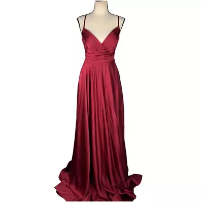 La Femme 28571 Burgundy Satin Deep V-neck A-line Gown Women's Size 4 NWT • $84