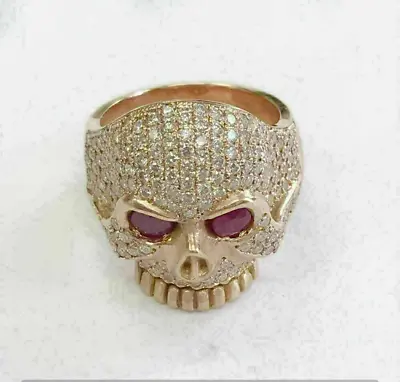 Men's 2Ct Round Lab Created Red Ruby & Diamond Skull Ring 14K Yellow Gold Plated • $151.19