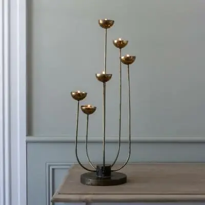 Gold Brass Metal Pluto Candelabra 6 Tea Light Candle Holder Rustic Centrepiece • £30