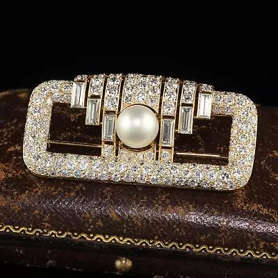 Vintage Retro Cartier 18K Yellow Gold Diamond Natural Pearl Brooch Pin - GIA • $49750