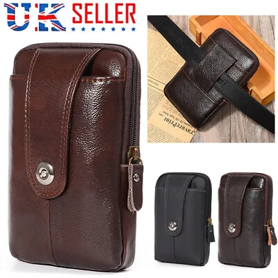 Men Genuine Leather Phone Pouch Belt Bag Waist Belt Wallet Pouch Running Bag NEW • £4.98