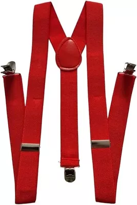 Mens Red Braces Adjustable Elastic Suspender Womens Trouser Brace Fancy Dress • £3.99