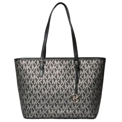 NWT MICHAEL Michael Kors Jet Set Top Zip Tote In Metallic Black And Silver • $269