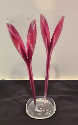 Moet & Chandon Tulip Champagne Flutes Glass Pink Rose Etched Base SET OF 2 • $49.11