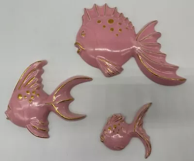 Set Of 3 Ceramic Fish Wall Hang Anthropomorphic Decor Pink Mary Kay 1961 Signed  • $30