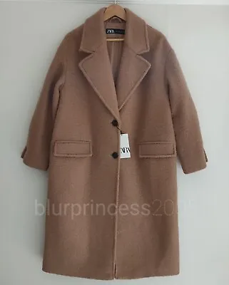 ZARA Long Coat Long Oversized Boucle Camel L XL Wool Feel Caramel Brown • $152.95