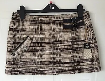 BNWT Ladies VANS Brown Beige Check Print Woven Mini Skirt Size 3 On Label • £15