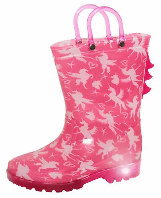 Girls Dinosaur / Unicorn Light Up Wellington Boots Kids Pink Wellies+ Handles    • £13.95
