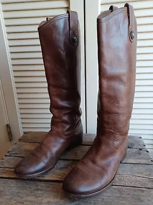 FRYE Brown Leather Knee High Pull On Boots Vintage Black Tag 77168 SZ  7 B • $72.45