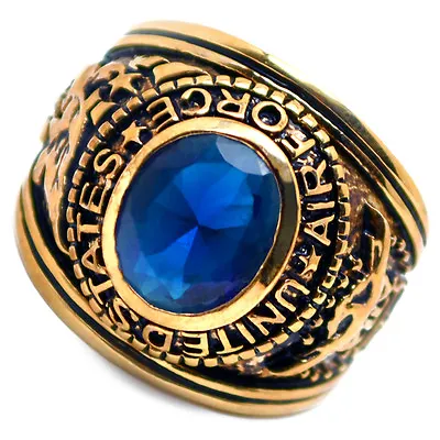 Accents Kingdom Men's Gold Plated US Air Force Military Ring Blue Montana CZ • $34.99