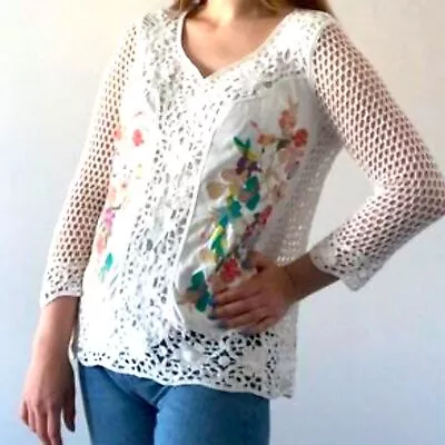 V Cristina Embroidered Floral Crocheted Lace Sleeve Boho Tunic Top Size M • $45