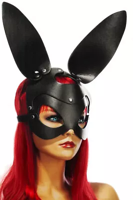 Bunny Mask Faux Leather Rabbit Ears With Studs Fetish Tentation - Black • £34.95