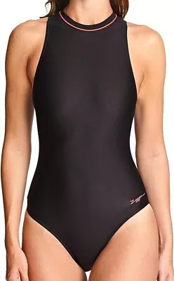 Zoggs Women's Cable Zipped High Neck One Piece Swimsuit Black/Coral UK 12 BNWT • £23.95