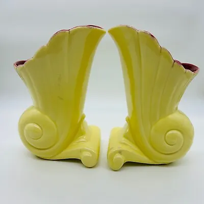 Vtg Pacific Pottery Artware #3407 Shell Vase Canary Yellow W Coralitos Set Of 2 • $80.96