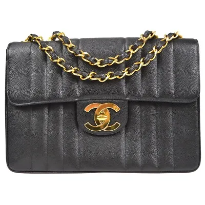Chanel Black Caviar Jumbo Vertical Stitch Classic Flap Bag 160441 • £4765.03