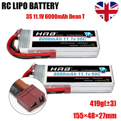 £69.55 • Buy 2×HRB 3S Lipo Battery 6000mAh 11.1V 50C 100C Dean Plug For RC Car Truck Drone UK