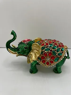 Elephant Green Red Hand Painted Bejeweled Hinged Trinket Jewelry Box • $25