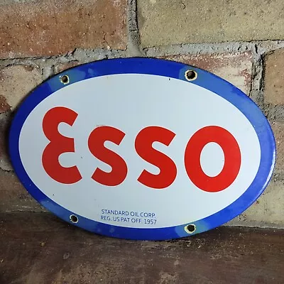 Old Vintage Dated 1957 Esso Fuel Oil Porcelain Enamel Gas Pump Sign 12  X 8  • $135.99