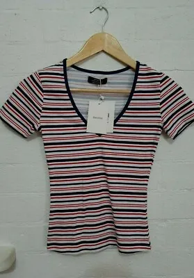 $25 • Buy BERSHKA Designer BNWT Womens  Join Life  Striped Stretch Tshirt Top, Size XS EU