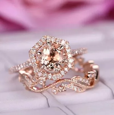 Morganite & Lab Created Diamond Bridal Gift Ring Set 14k Rose Gold Plated Silver • $88