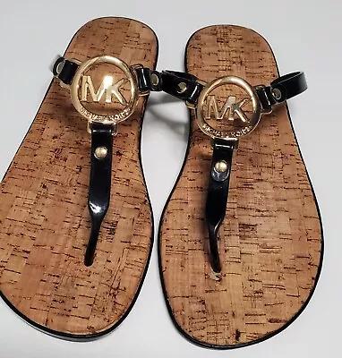 MICHAEL KORS Black Jelly Cork Thongs Flat Sandals Flip Flop Gold US Size 8M/L18K • $22.50