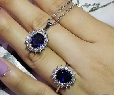 Sapphire And Silver Necklace And Ring Jewelry Gift Set • $33